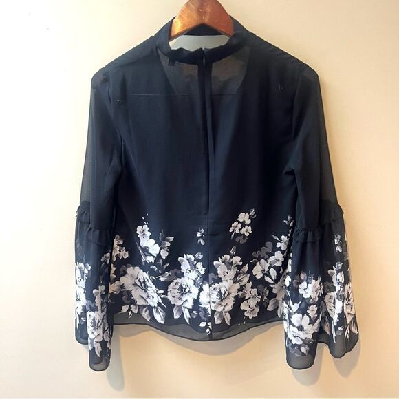 White House Black Market Black and White Floral Choker Blouse - Picture 3 of 9